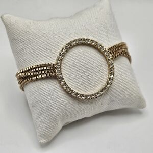 VINTAGE Rhinestone Circle Multi Strand Gold Tone Heart Clasp Bracelet